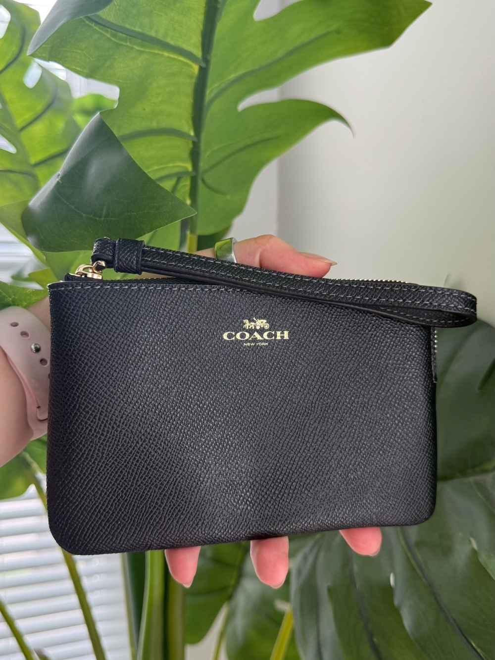 Coach Black Saffiano Leather Wristlet with Gold Logo